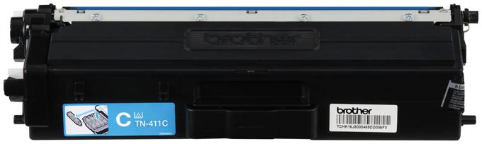 Cartucho de tóner cian Brother TN-411C con etiqueta azul sobre fondo blanco