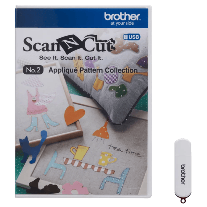 Brother ScanNCut appliqué pattern collection with USB drive showing fabric craft designs