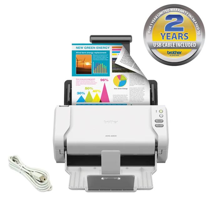 Brother compact document scanner with USB cable and 2-year warranty badge