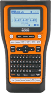 Brother P-touch EDGE label maker with orange frame, QWERTY keyboard, and LCD display