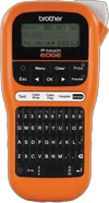 Brother P-touch EDGE label maker with QWERTY keyboard and digital display in orange
