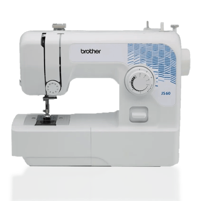 Brother JS60 sewing machine with blue decorative stitching pattern and stitch selector dial