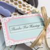 Brother label maker creating decorative thank you gift tag with gold ribbon and polka dot design