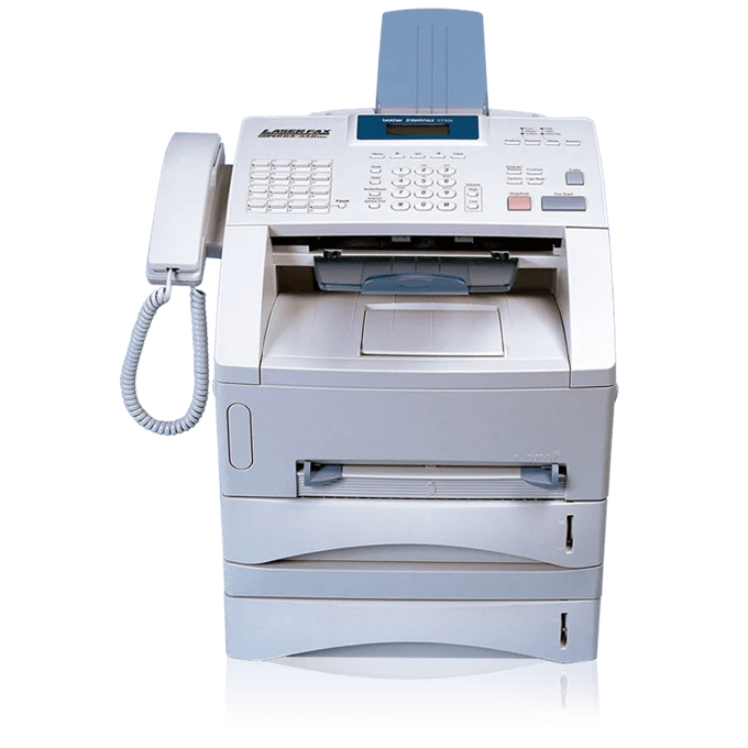 Brother PPF-5750E laser fax machine with phone handset and paper trays