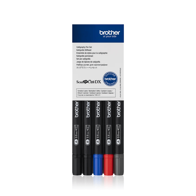 Brother ScanNCut DX calligraphy pen set with five pens in black, blue, and red