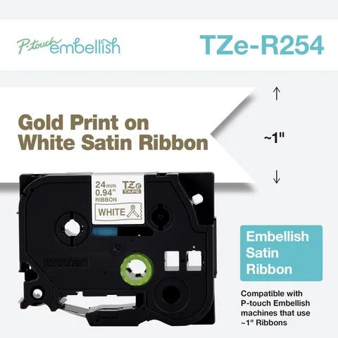 Brother TZe-R254 embellish satin ribbon cartridge with gold print on white, 1-inch width