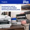 Brother TN835 toner cartridge and DR830 drum unit being installed in a laser printer