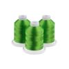 Three green embroidery thread spools on white bases