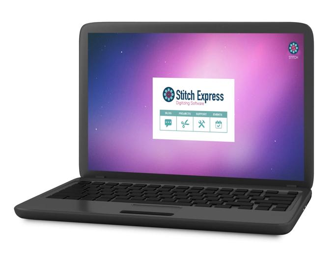 Laptop displaying Brother Stitch Express digitizing software interface with menu options