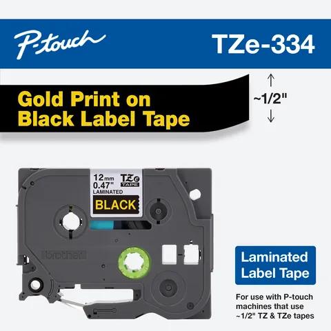 Cinta de etiquetas laminada Brother TZe-334 con impresión dorada sobre negro, ancho 1/2 pulgada