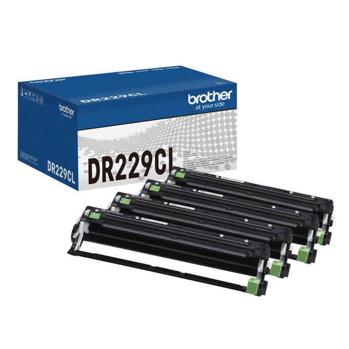 Brother DR229CL drum unit with packaging and four black drum cartridges with green accents