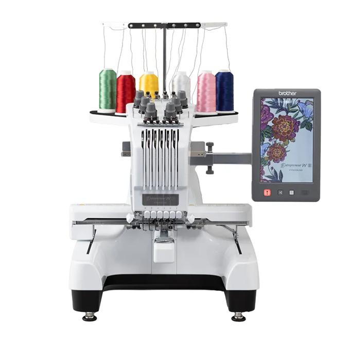 Brother embroidery machine with 10-needle system and touchscreen display showing floral design