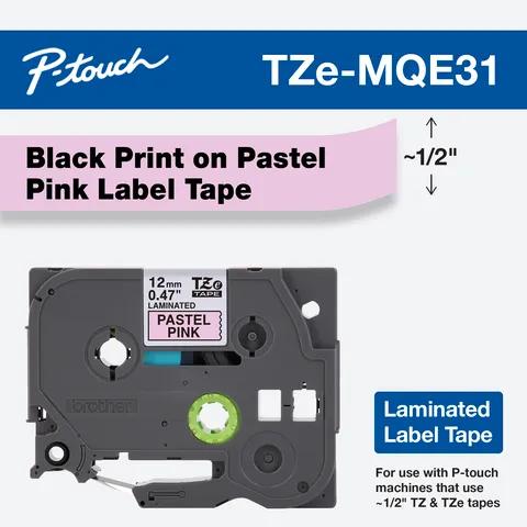 Cartucho de cinta de etiquetas laminadas Brother TZe-MQE31 con impresión negra sobre fondo rosa pastel