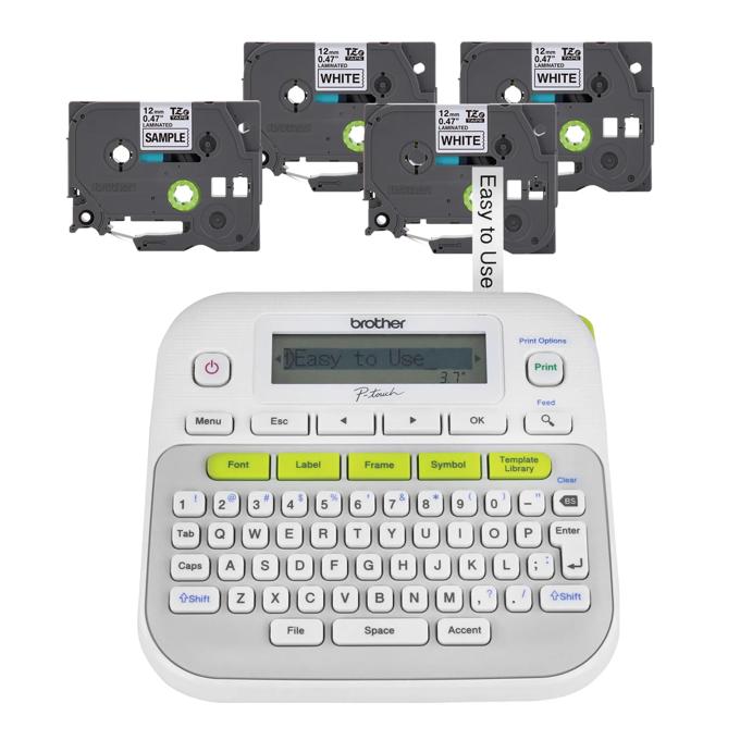 Brother P-touch label maker with QWERTY keyboard and four laminated tape cartridges