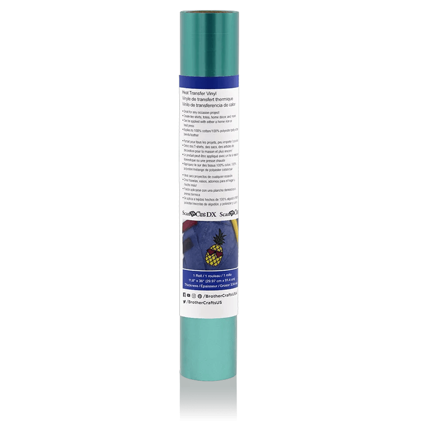 Brother ScanNCut DX heat transfer vinyl roll in teal with product label