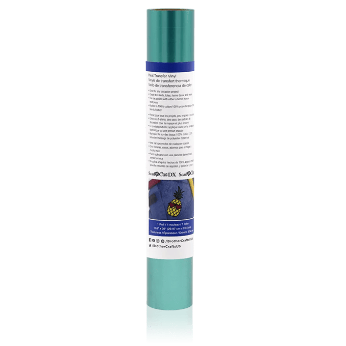 Brother ScanNCut DX heat transfer vinyl roll in teal with product label