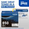 Brother Genuine TN850 2-pack toner cartridges in new packaging with old and new boxes displayed
