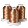 Three spools of copper-colored embroidery thread on white bases