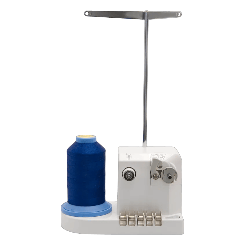Brother bobbin winder with blue thread spool and tension arm