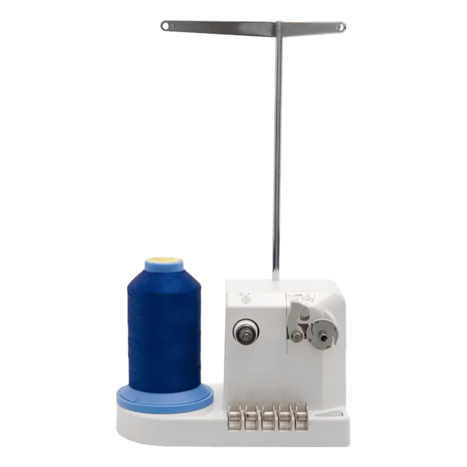 Brother bobbin winder with blue thread spool and tension arm