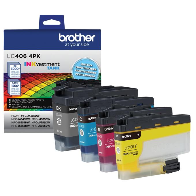 Brother LC406 4-pack INKvestment Tank ink cartridges in black, cyan, magenta, and yellow