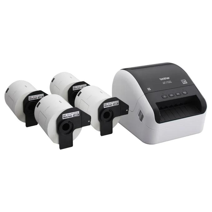 Brother QL-1100 wide-format label printer with four label roll cartridges