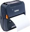 Brother portable label printer with white label roll and right-angled output
