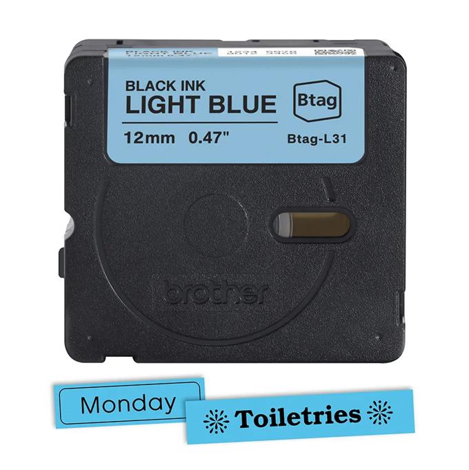 Brother Btag label tape cartridge, 12mm, black ink on light blue background