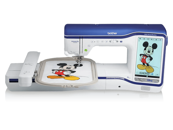 Brother XV8500D embroidery machine with touchscreen and Mickey Mouse design in hoop