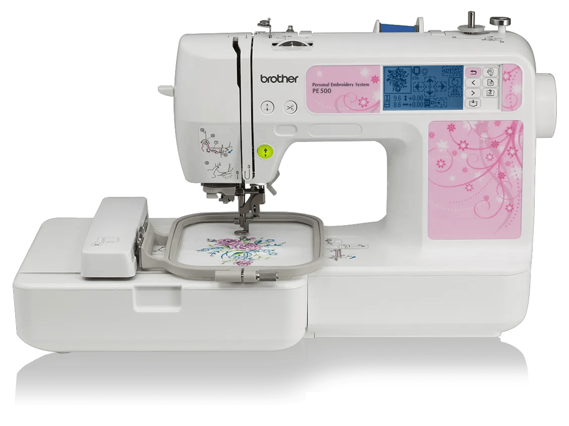 Brother PE500 embroidery machine with LCD screen and floral design hoop
