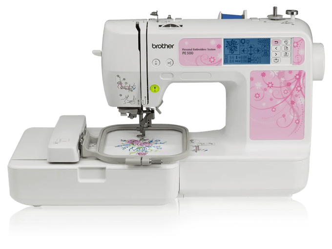 Brother PE500 embroidery machine with LCD screen and floral design hoop