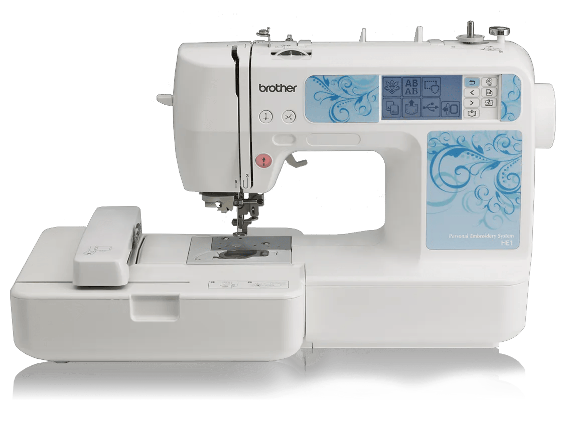 Brother HE1 embroidery machine with LCD touchscreen and decorative blue floral design panel
