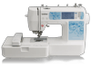 Brother HE1 embroidery machine with LCD touchscreen and decorative blue floral design panel