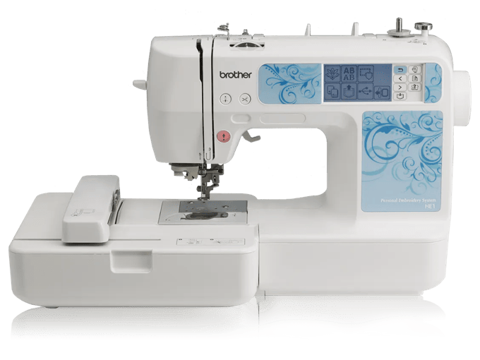 Brother HE1 embroidery machine with LCD touchscreen and decorative blue floral design panel