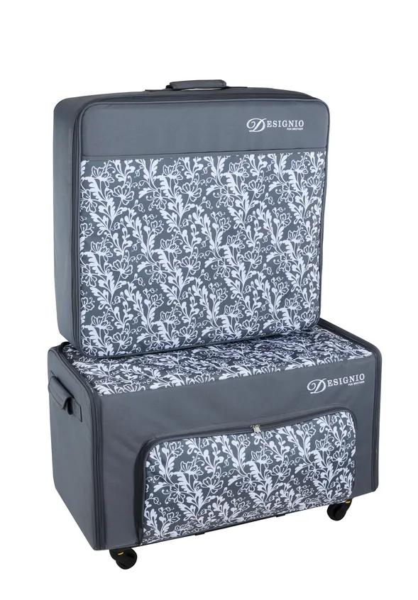 Designio rolling storage case and tote bag set with gray fabric and white floral pattern