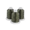 Three dark army green embroidery thread spools on white bases