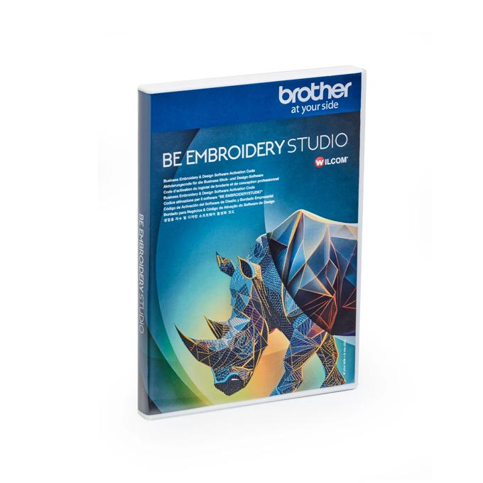 Brother BE Embroidery Studio software box with geometric rhinoceros design on white background