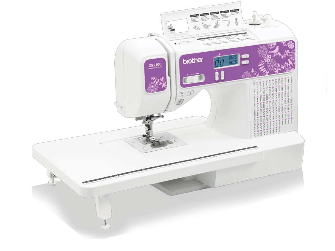 Brother XS2100 computerized sewing machine with purple floral panel and LCD display