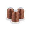 Three cocoa brown embroidery thread spools on white bases