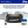 Brother MFC-T580DW all-in-one printer with spill-free ink bottles and printed documents