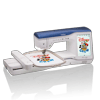 Brother embroidery machine with Disney character designs on fabric and touchscreen display