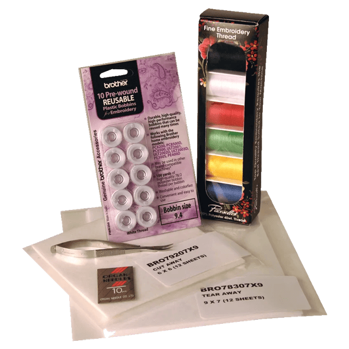 Brother embroidery starter kit with thread, reusable bobbins, needles, and tear-away stabilizer