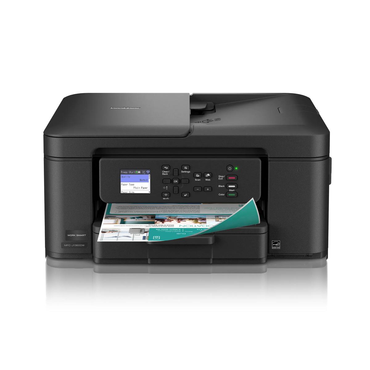 Brother MFC-J1360DW all-in-one wireless inkjet printer with color display, printing a document
