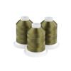 Three golden-green embroidery thread spools on white bases