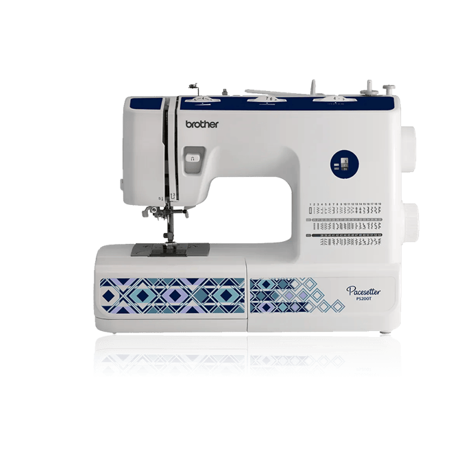 Brother Pacesetter PS200T sewing machine with decorative blue geometric pattern and LCD screen