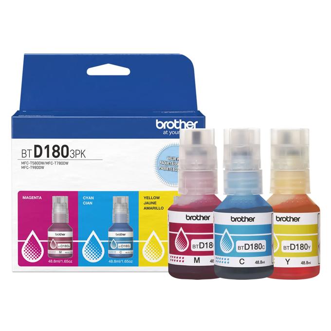 Brother BTD180 3-pack ink bottles in magenta, cyan, and yellow for inkjet printers