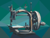 Brother sewing machine with large wheel and thread spools in low-poly geometric art style