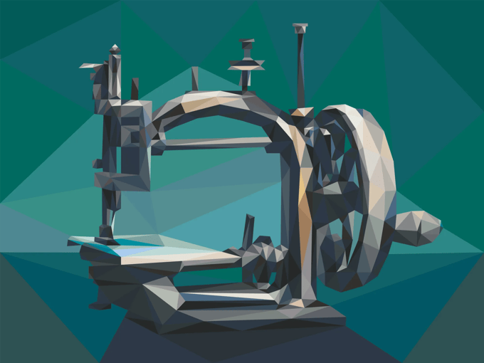 Brother sewing machine with large wheel and thread spools in low-poly geometric art style