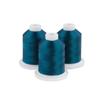 Three dark teal embroidery thread spools on white bases