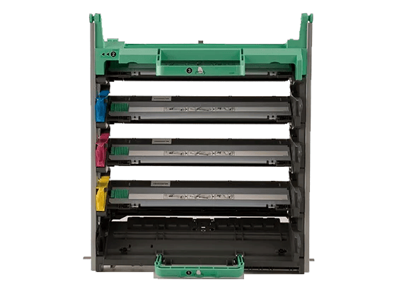 Brother DR110CL drum unit with four color toner cartridges in cyan, magenta, yellow, and black